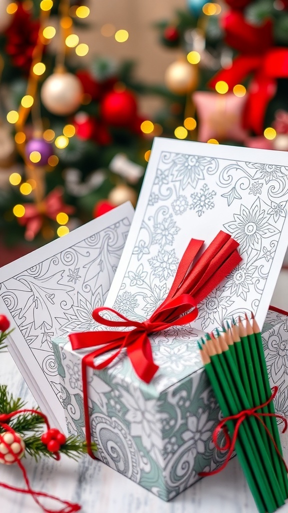 Christmas Coloring Pages Gift Ideas A gift bundle with Christmas coloring pages and colored pencils, decorated with festive wrapping.